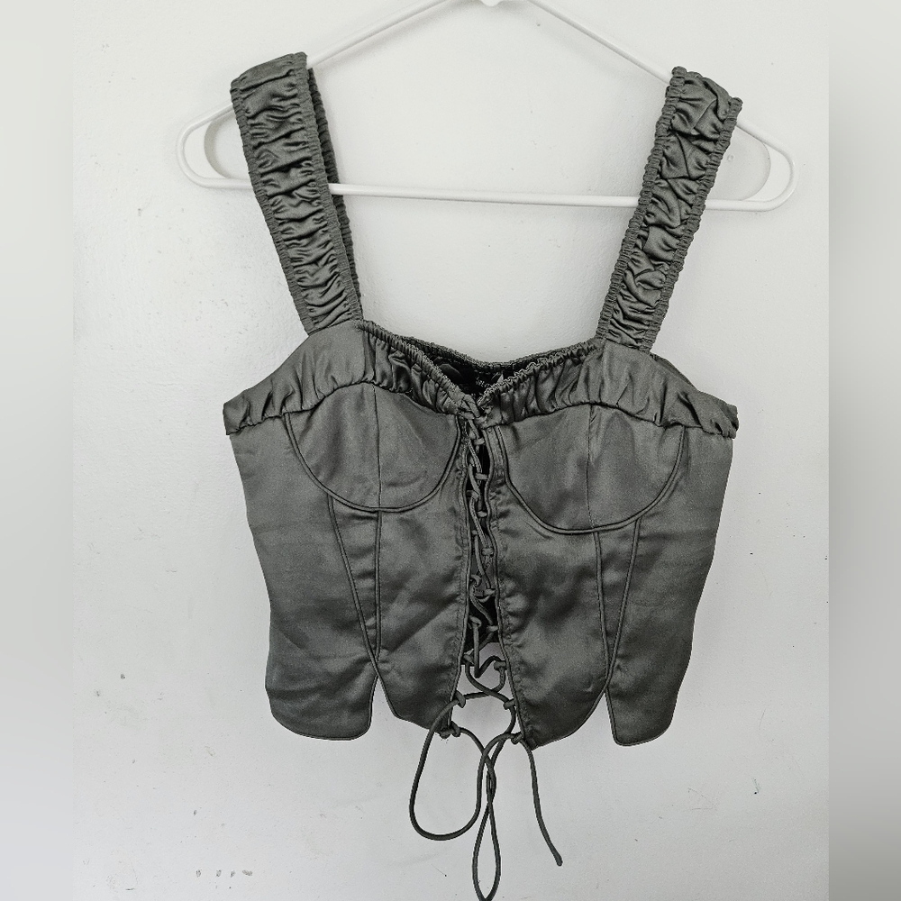 Forever 21 Satin Lace Up Smocked Sleeveless Crop Top Bustier Corset Top
